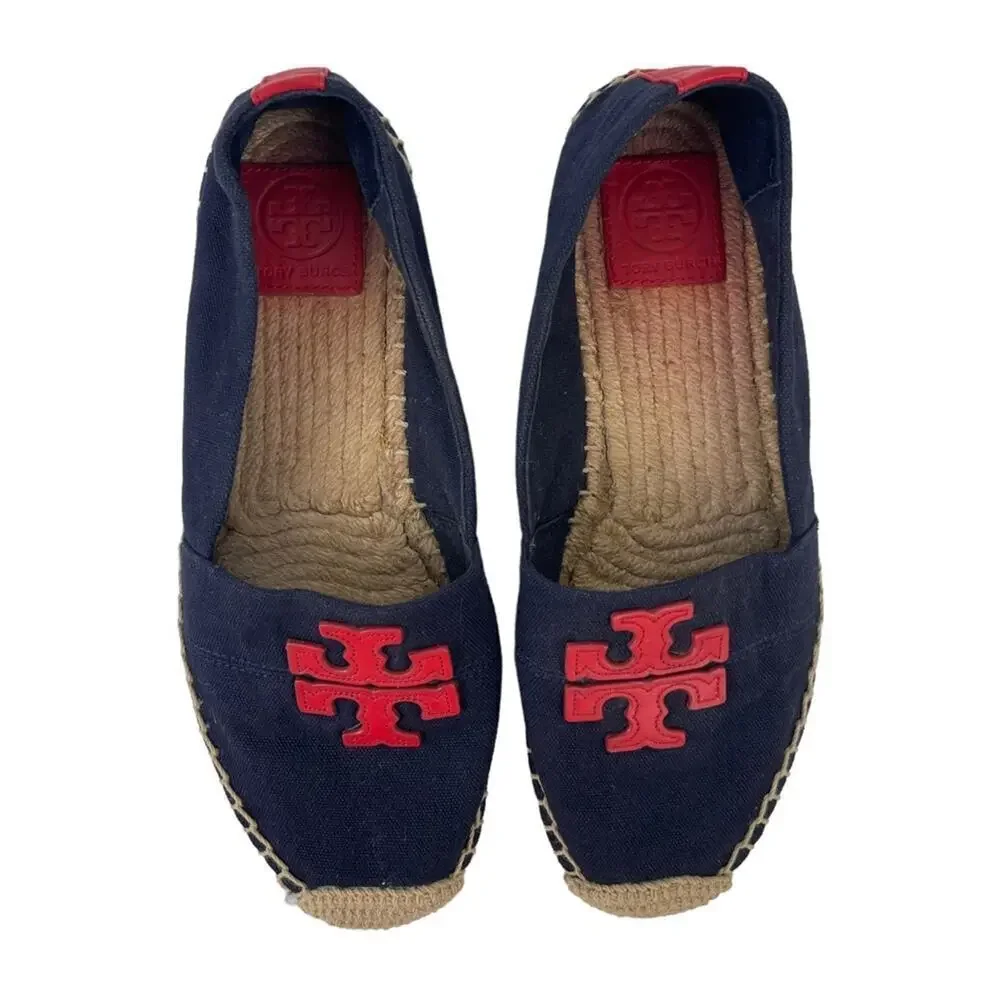 TORY BURCH Weston Navy Red Canvas Slip On Flat Espadrille Sandals Size 8M